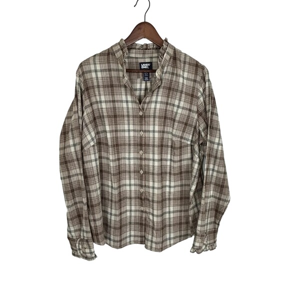 Lands' End Neutral Brown White Plaid Button Front Ruffle Neck Shirt Women’s 1X - Picture 1 of 4